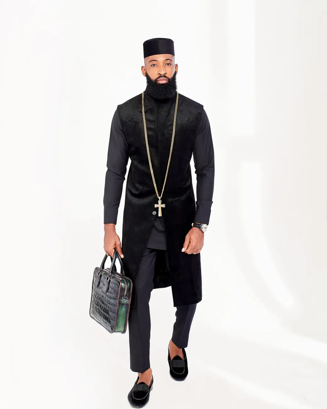 A Charcoal Black with embroidery front flap African Kaftan