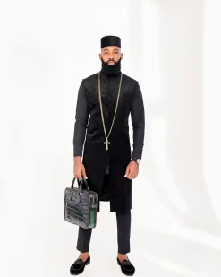A Charcoal Black with embroidery front flap African Kaftan