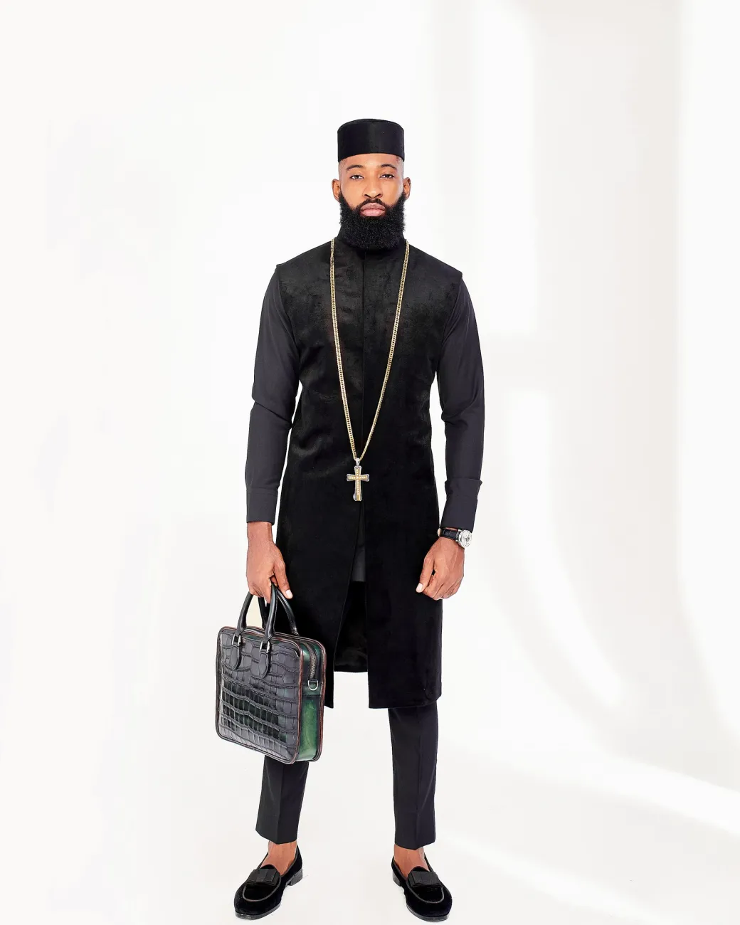 A Charcoal Black with embroidery front flap African Kaftan