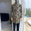 A Charcoal Black with gold pattern “Namaste” Indian Sherwani Traditional safari gold pattern suit