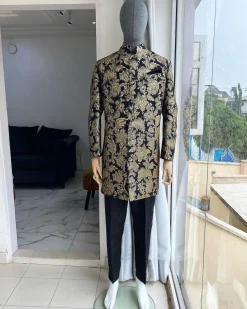 A Charcoal Black with gold pattern “Namaste” Indian Sherwani Traditional safari gold pattern suit