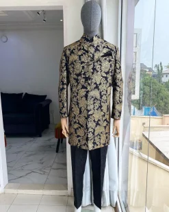 A Charcoal Black with gold pattern “Namaste” Indian Sherwani Traditional safari gold pattern suit