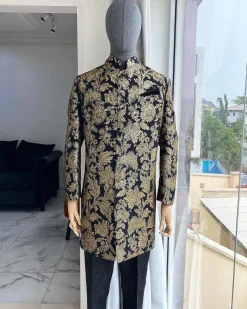 A Charcoal Black with gold pattern “Namaste” Indian Sherwani Traditional safari gold pattern suit