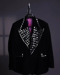 A Charcoal Black wrap velvet peak lapel single button suit with laser cut black glass stones