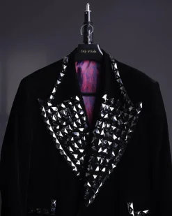 A Charcoal Black wrap velvet peak lapel single button suit with laser cut black glass stones