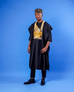 A Charcoal black, yellow danfo embroidery details agbada