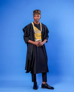 A Charcoal black, yellow danfo embroidery details agbada