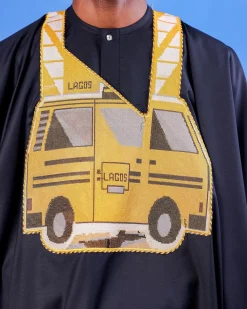 A Charcoal black, yellow danfo embroidery details agbada