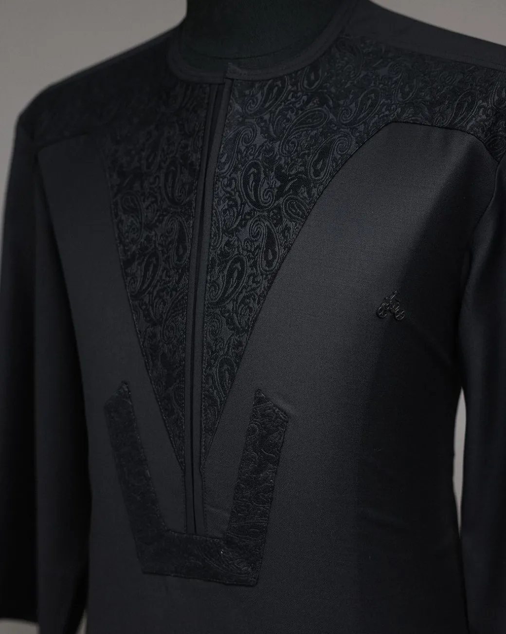 A Charcoal Black, Zip Line With Ocean Element Jacquard Details 3/4 Sleeve African Senator Kaftan Native.
