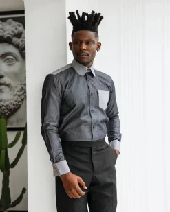 A Charcoal grey & light vintage club collar casual shirt.