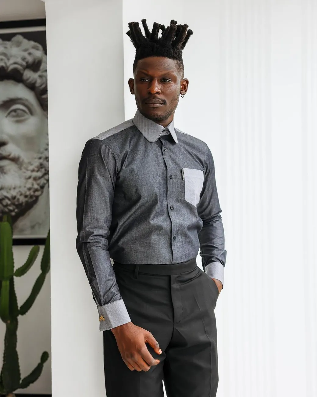 A Charcoal grey & light vintage club collar casual shirt.