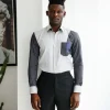 A Charcoal grey & light grey presidential spread collar casual shirt.