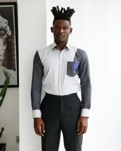 A Charcoal grey & light grey presidential spread collar casual shirt.