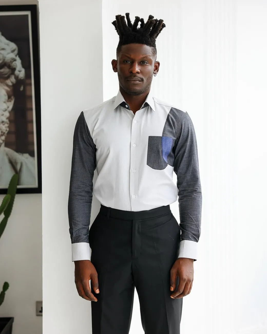 A Charcoal grey & light grey presidential spread collar casual shirt.