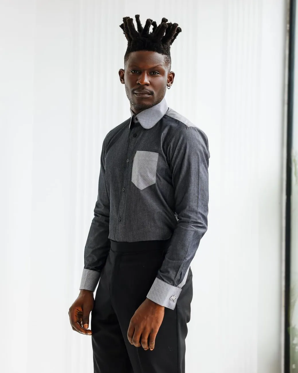 A Charcoal grey & light vintage club collar casual shirt.