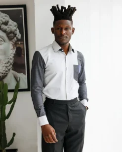 A Charcoal grey & light grey presidential spread collar casual shirt.