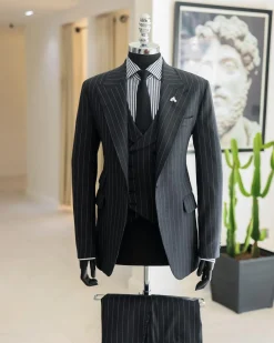 A Charcoal Grey, Ivory Pencil Stripe, Jorgecarli, Knitted Peak Lapel Suit