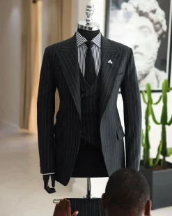 A Charcoal Grey, Ivory Pencil Stripe, Jorgecarli, Knitted Peak Lapel Suit