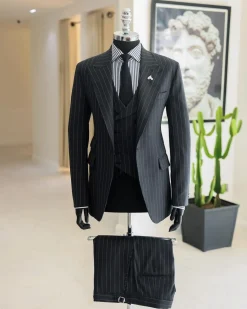 A Charcoal Grey, Ivory Pencil Stripe, Jorgecarli, Knitted Peak Lapel Suit