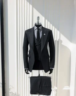A Charcoal Grey, Ivory Pencil Stripe, Jorgecarli, Knitted Peak Lapel Suit