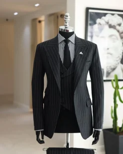 A Charcoal Grey, Ivory Pencil Stripe, Jorgecarli, Knitted Peak Lapel Suit