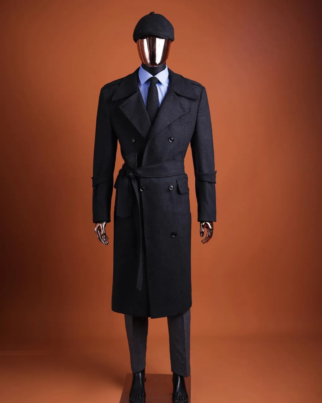 A Charcoal Grey, peak lapel jorgecarli vogue trench wool suit with rope