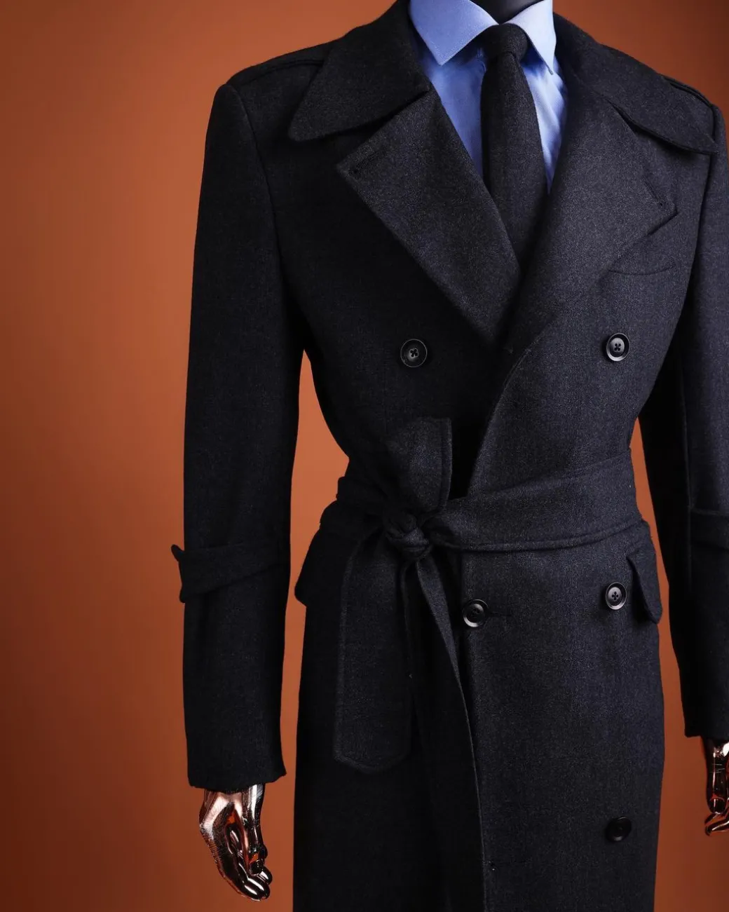 A Charcoal Grey, peak lapel jorgecarli vogue trench wool suit with rope