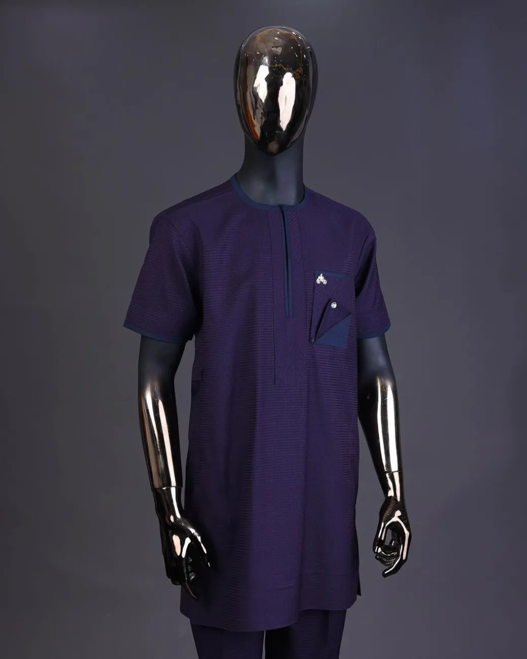 A Check egg pant purple and navy blue mix, with inverted pocket and Swarovski button details kaftan and Sokoto