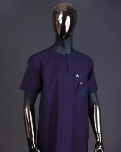 A Check egg pant purple and navy blue mix, with inverted pocket and Swarovski button details kaftan and Sokoto
