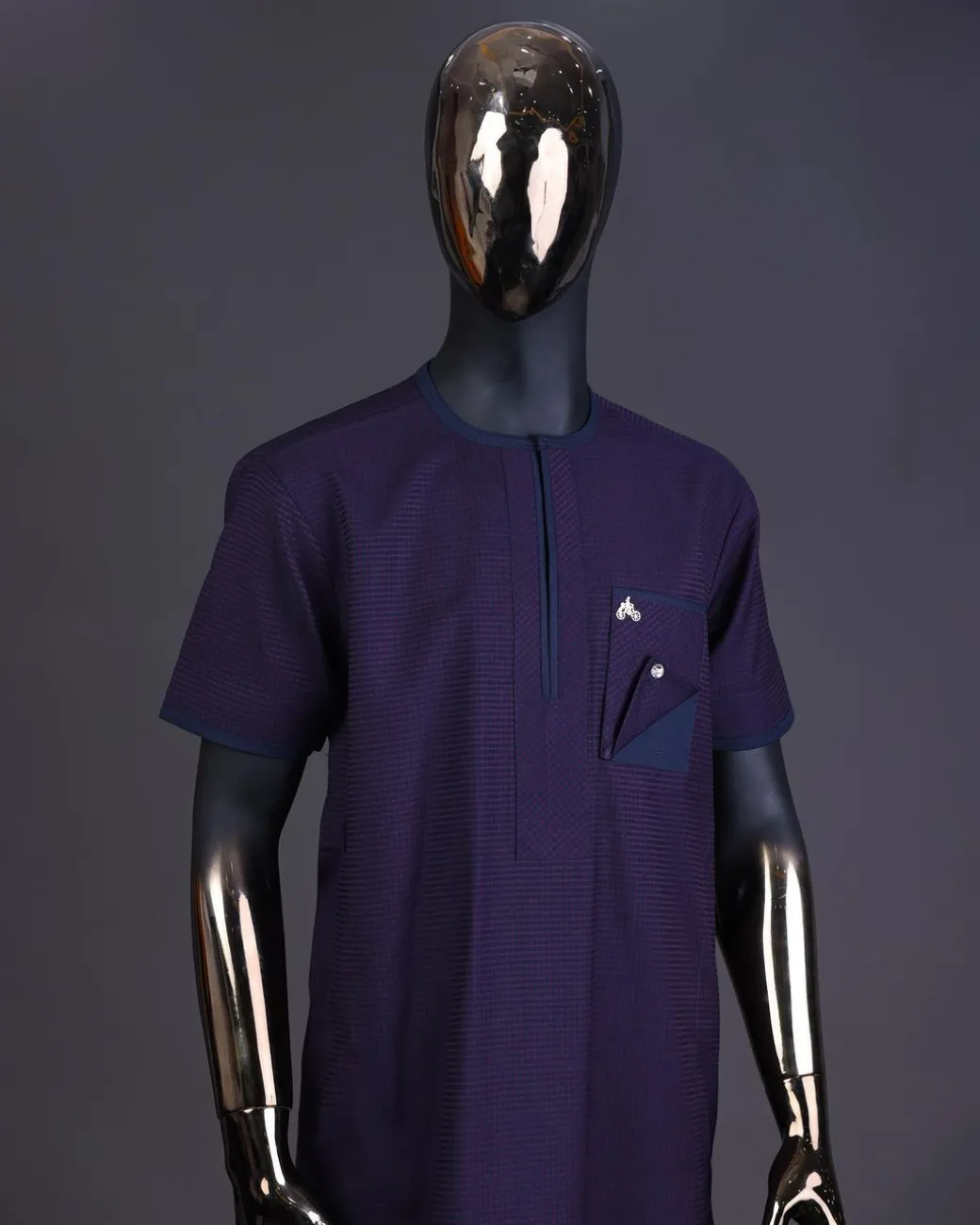 A Check egg pant purple and navy blue mix, with inverted pocket and Swarovski button details kaftan and Sokoto