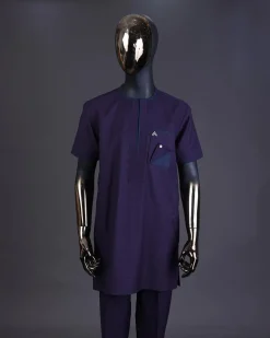 A Check egg pant purple and navy blue mix, with inverted pocket and Swarovski button details kaftan and Sokoto