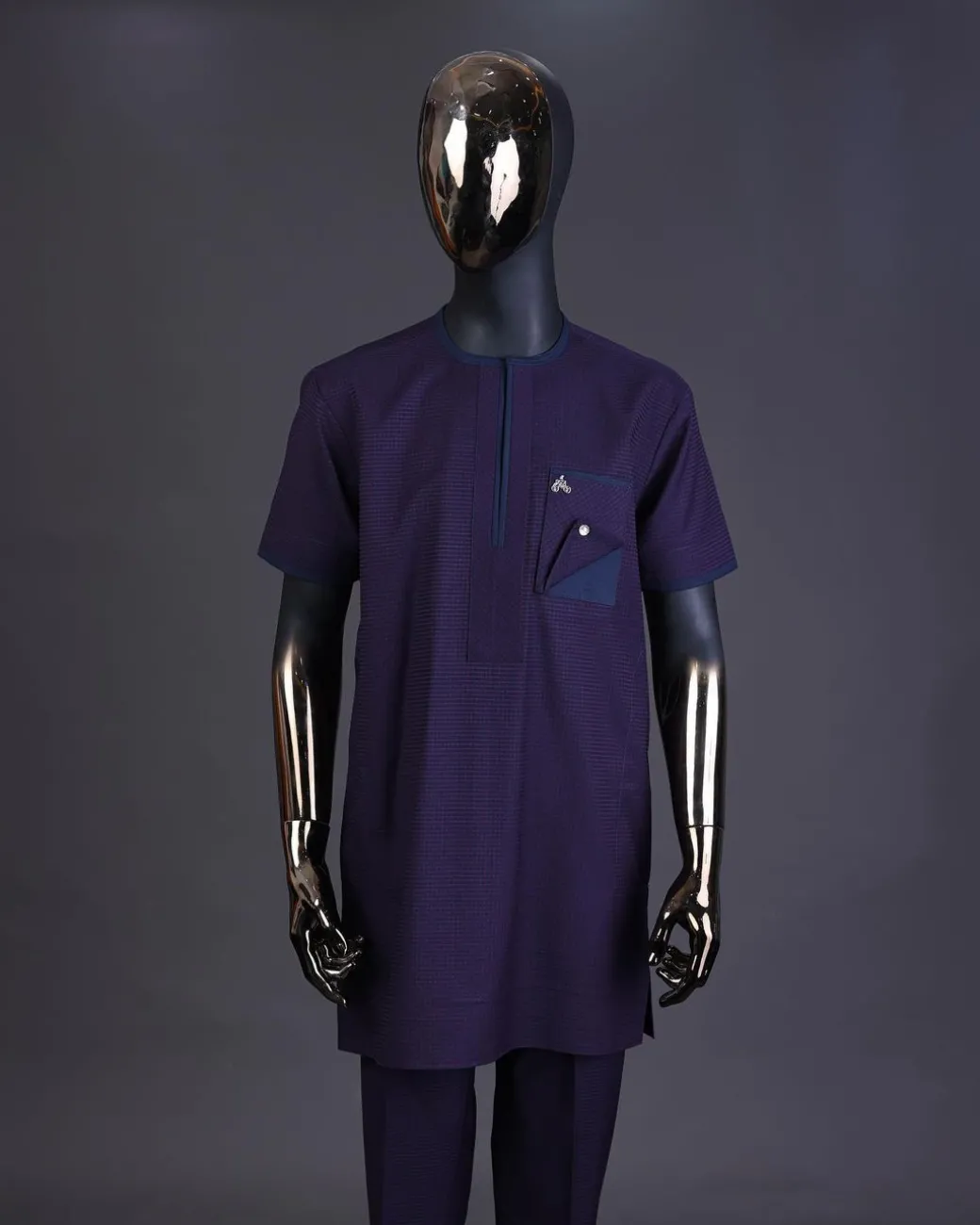 A Check egg pant purple and navy blue mix, with inverted pocket and Swarovski button details kaftan and Sokoto