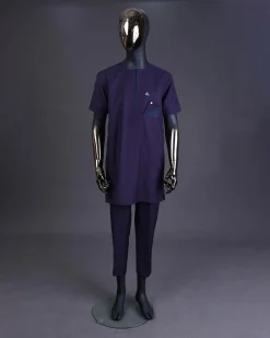 A Check egg pant purple and navy blue mix, with inverted pocket and Swarovski button details kaftan and Sokoto