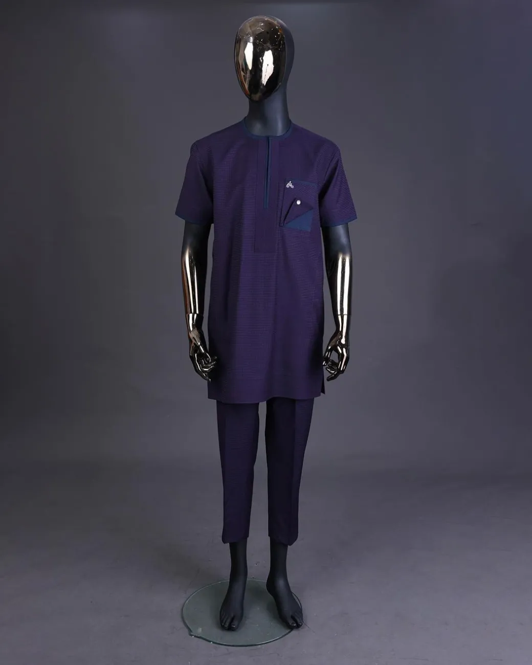 A Check egg pant purple and navy blue mix, with inverted pocket and Swarovski button details kaftan and Sokoto