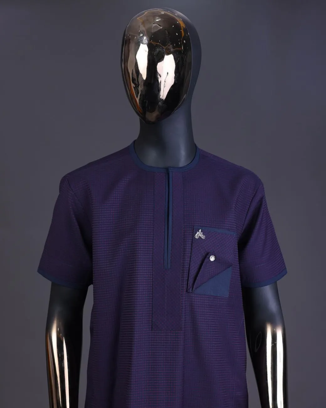 A Check egg pant purple and navy blue mix, with inverted pocket and Swarovski button details kaftan and Sokoto