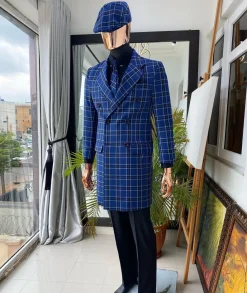 A check-blue “Peaky Blinder” double-breasted check trench suit