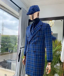 A check-blue “Peaky Blinder” double-breasted check trench suit