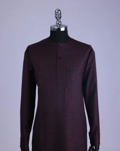 A Checkered black and burgundy with black Swarovski button detailing kaftan and sokoto