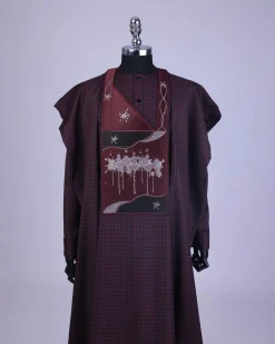 A Checkered burgundy & black, painters Splash embroidery details agbada, long sleeve kaftan & sokoto