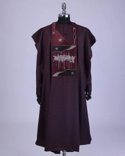 A Checkered burgundy & black, painters Splash embroidery details agbada, long sleeve kaftan & sokoto