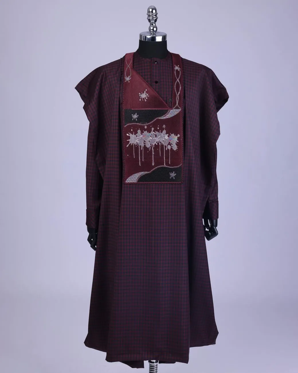 A Checkered burgundy & black, painters Splash embroidery details agbada, long sleeve kaftan & sokoto