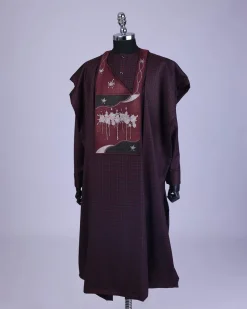 A Checkered burgundy & black, painters Splash embroidery details agbada, long sleeve kaftan & sokoto