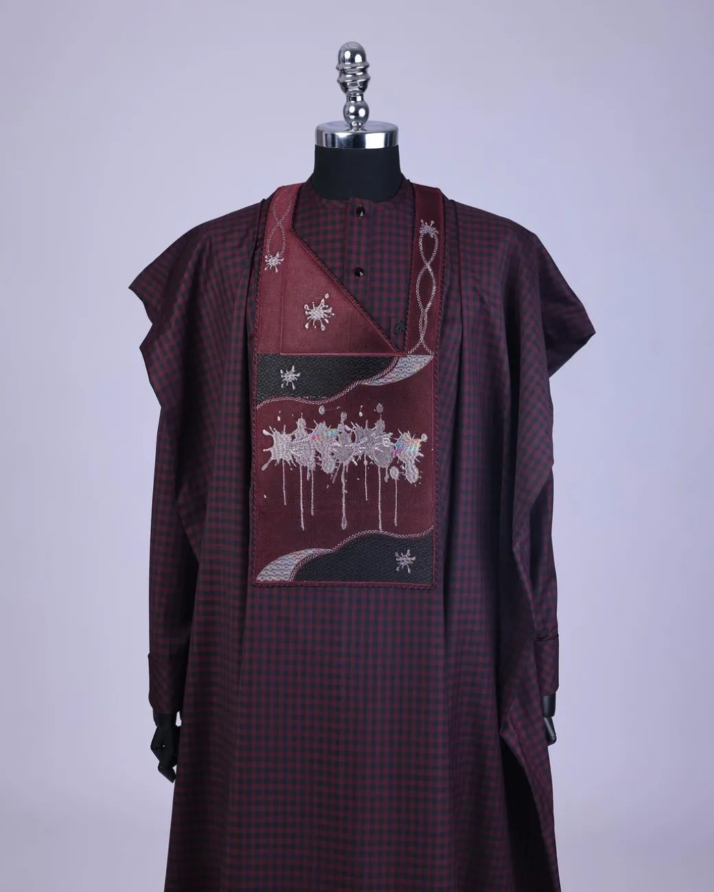 A Checkered burgundy & black, painters Splash embroidery details agbada, long sleeve kaftan & sokoto
