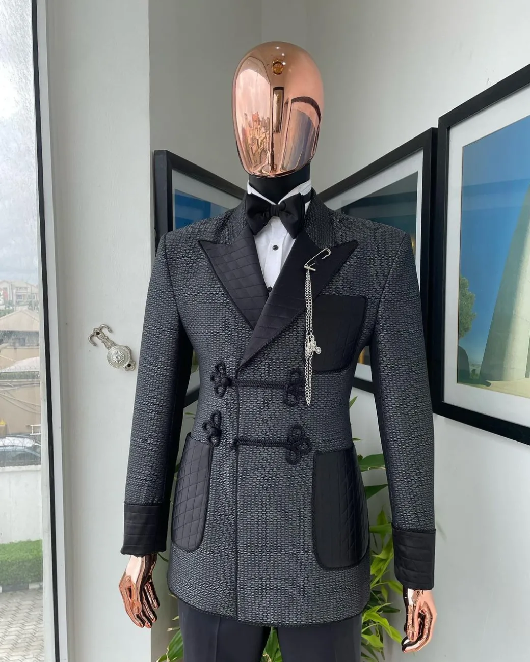 A “Chequered” grey and black double-breasted royal tuxedo suit