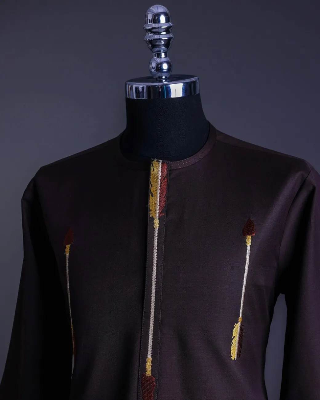 A Chocolate brown, 3/4 sleeve, aborigines arrow embroidery details African senator Kaftan native