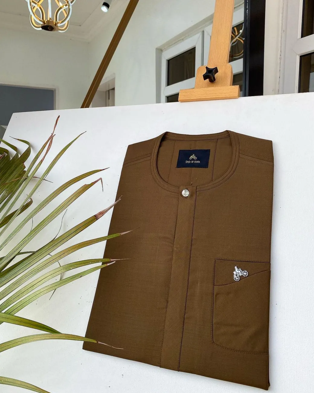 A Chocolate brown African kaftan with a clear view Swarovski button and sokoto