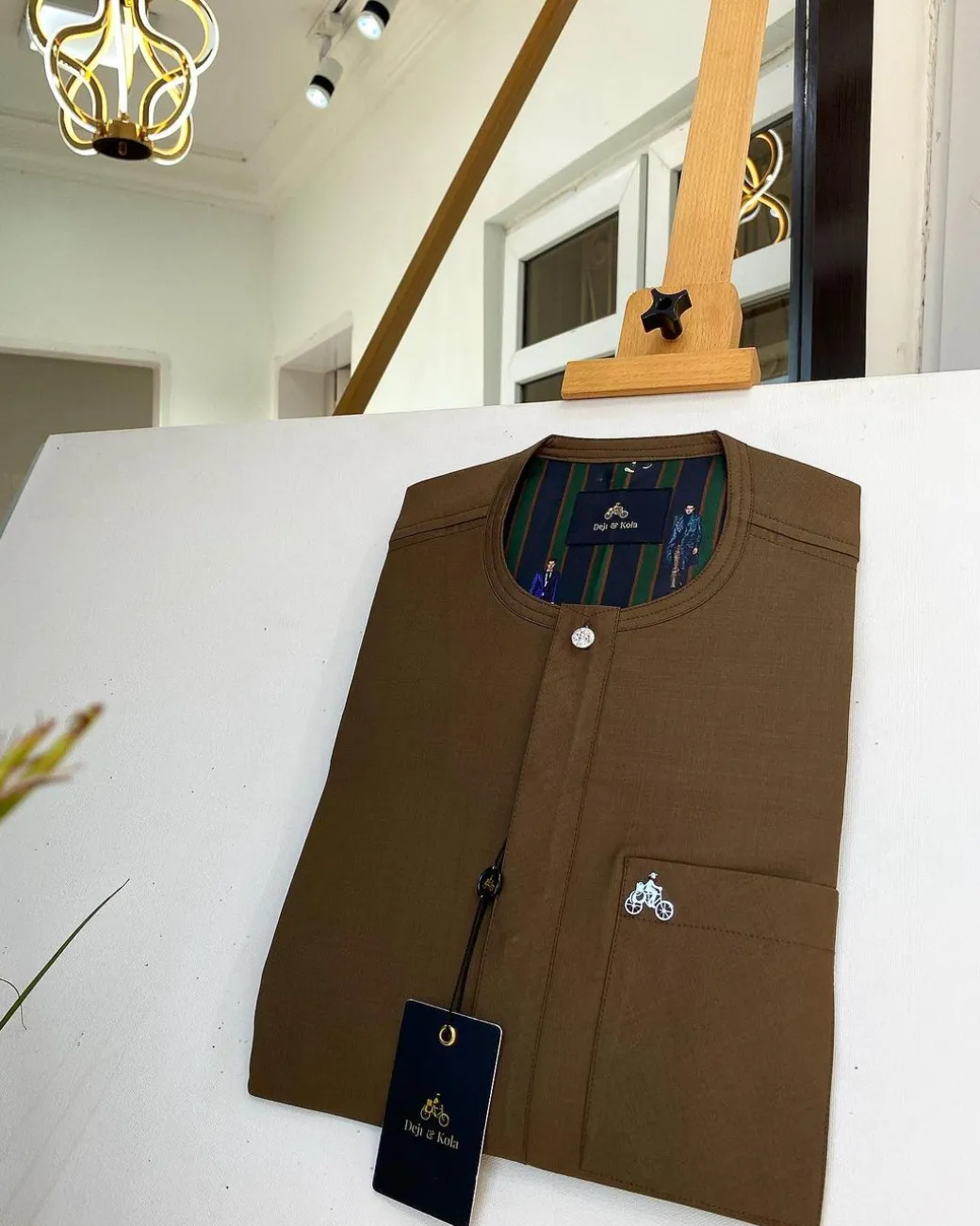 A Chocolate brown African kaftan with a silver clear view pearl Swarovski button and sokoto