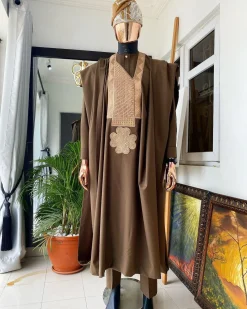 A Chocolate Brown with connected embroidery Agbada