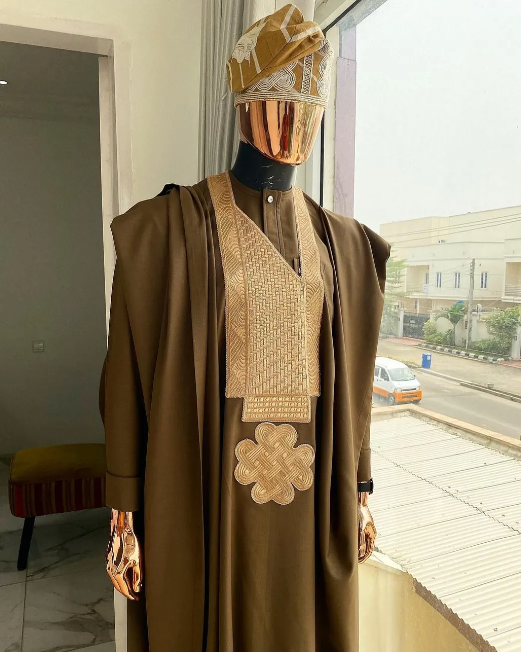 A Chocolate Brown with connected embroidery Agbada