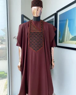 A Cinnamon Brown, Layered Egg Plant Embroidery Detailing Agbada